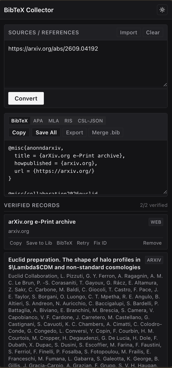 BibTeX Collector side panel converting an arXiv paper into verified BibTeX